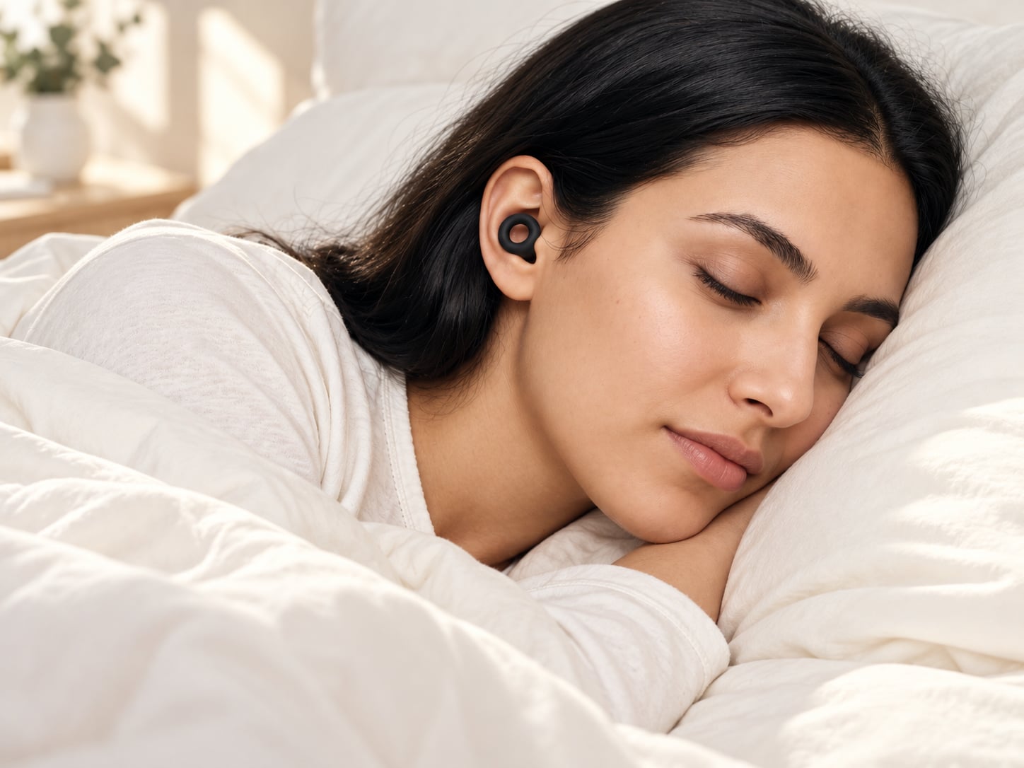Une femme dort sur le côté avec ses bouchons Dreamly
