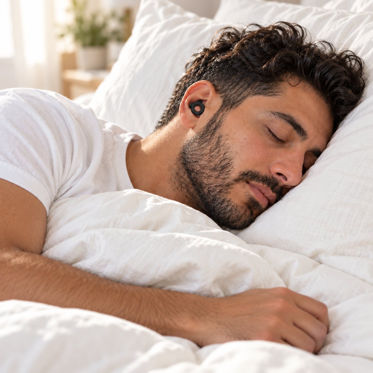 Un homme dort sur le côté avec un bouchon Dreamly