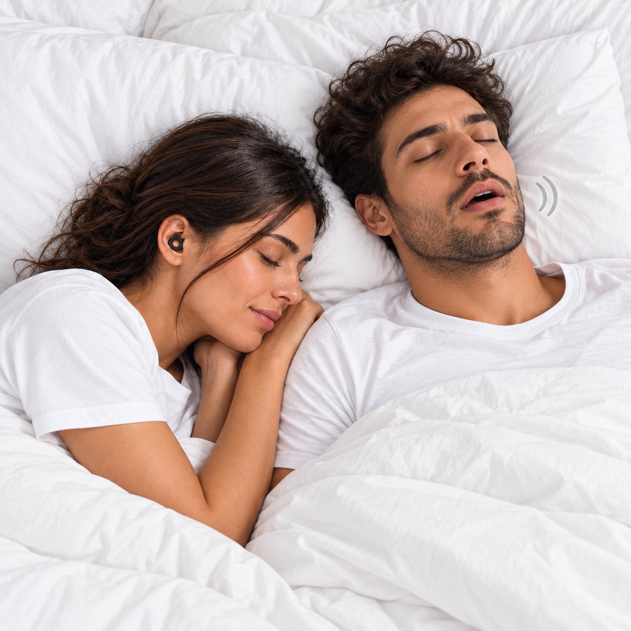 Une femme dort avec Dreamly à côté de son partenaire qui ronfle